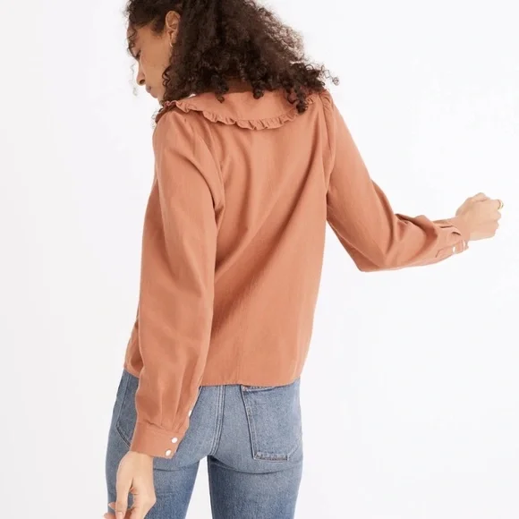 NWT Madewell Ruffle Collar Button Up Women's 14 & 16 Plus Size Umber Blouse Top - Picture 2 of 2